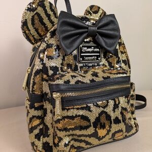 DISNEY Loungefly Sequin Leopard Backpack W/Black Bow GIFT PRESENT HOLIDAY